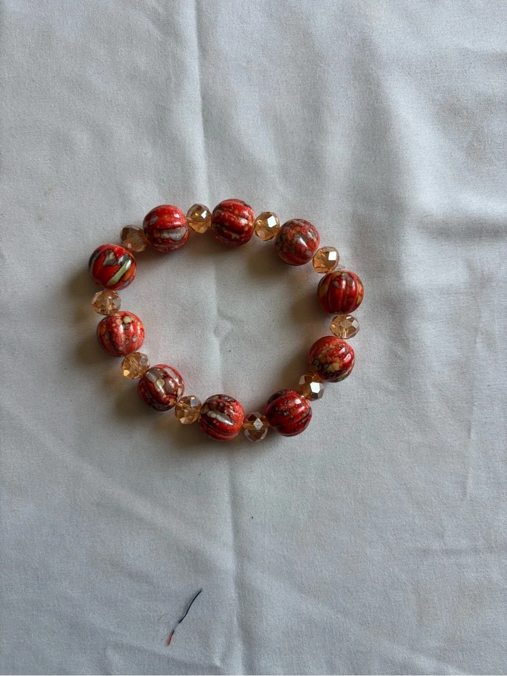 Red Beaded Stretch Bracelet with Faceted Accent Beads